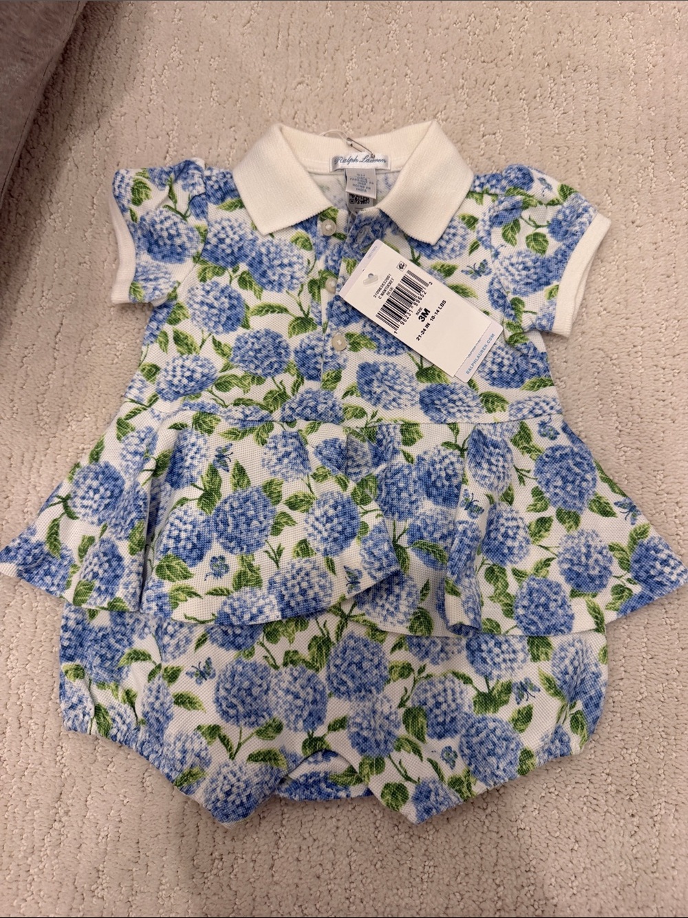 Ralph Lauren White Polo Bubble Romper with Blue Floral Hydrangea Print